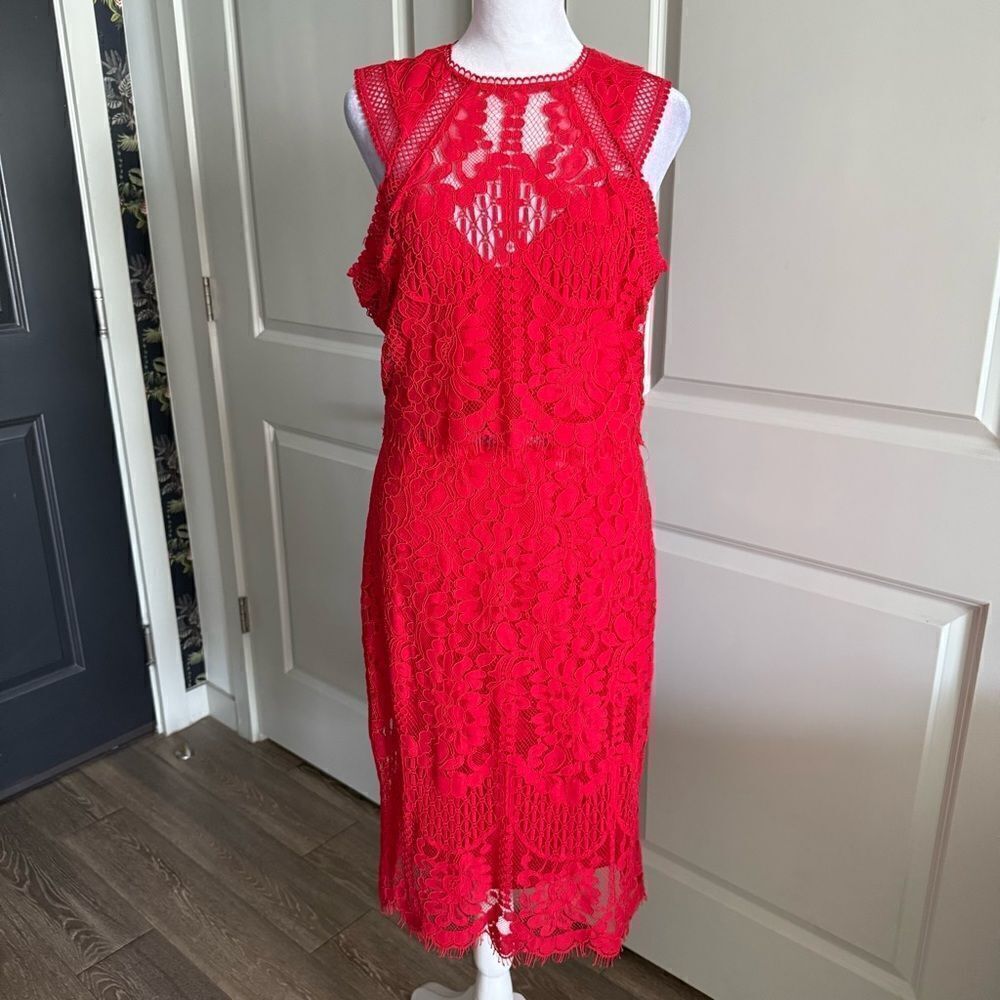 Lulus Lipsy VIP Red Lace Midi Cocktail Party Dress Size L